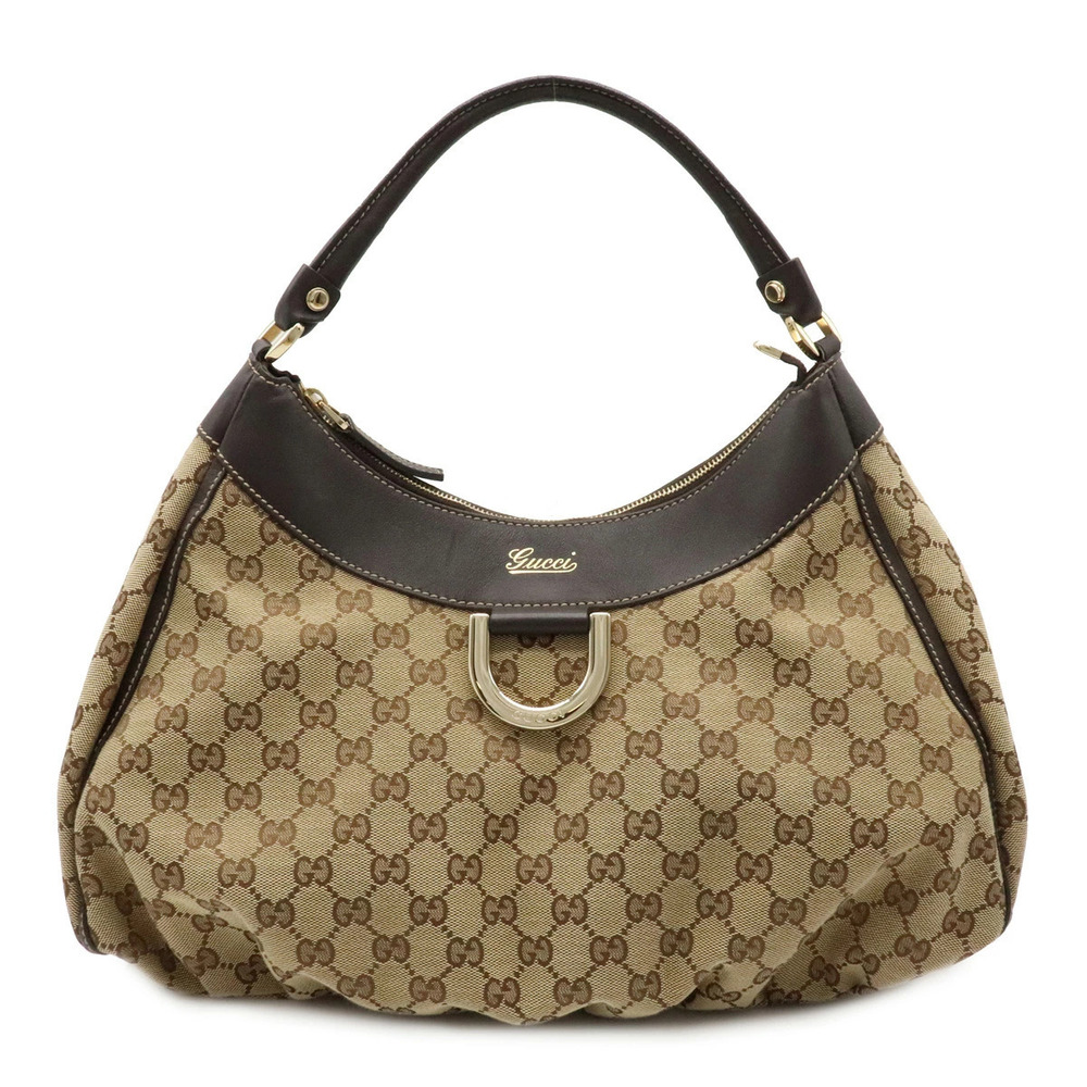 Gucci Abbey GG Canvas Shoulder Bag Hobo Leather Beige Brown Cream